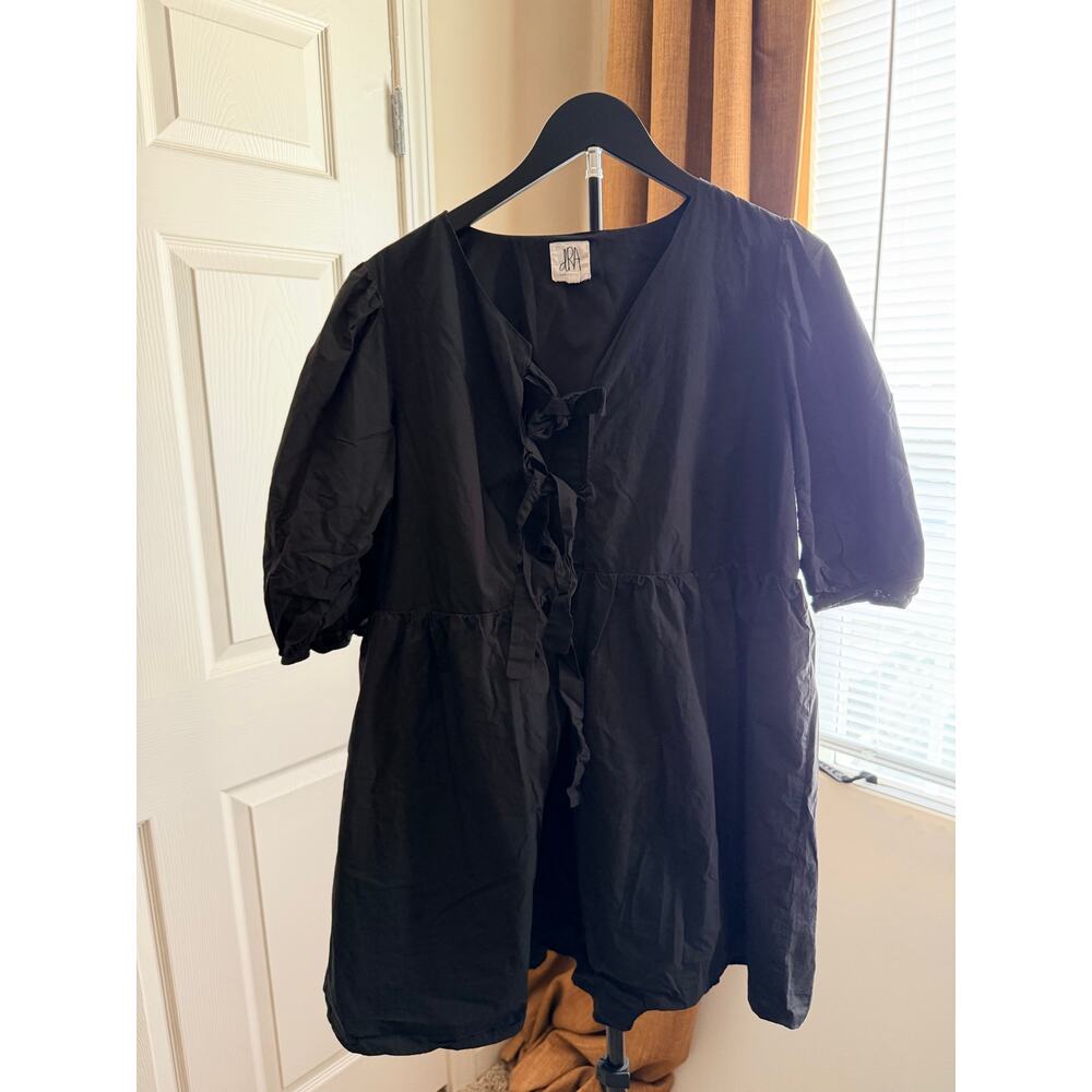 DRA los angeles black dress tie front puff sleeve 100% cotton euc L